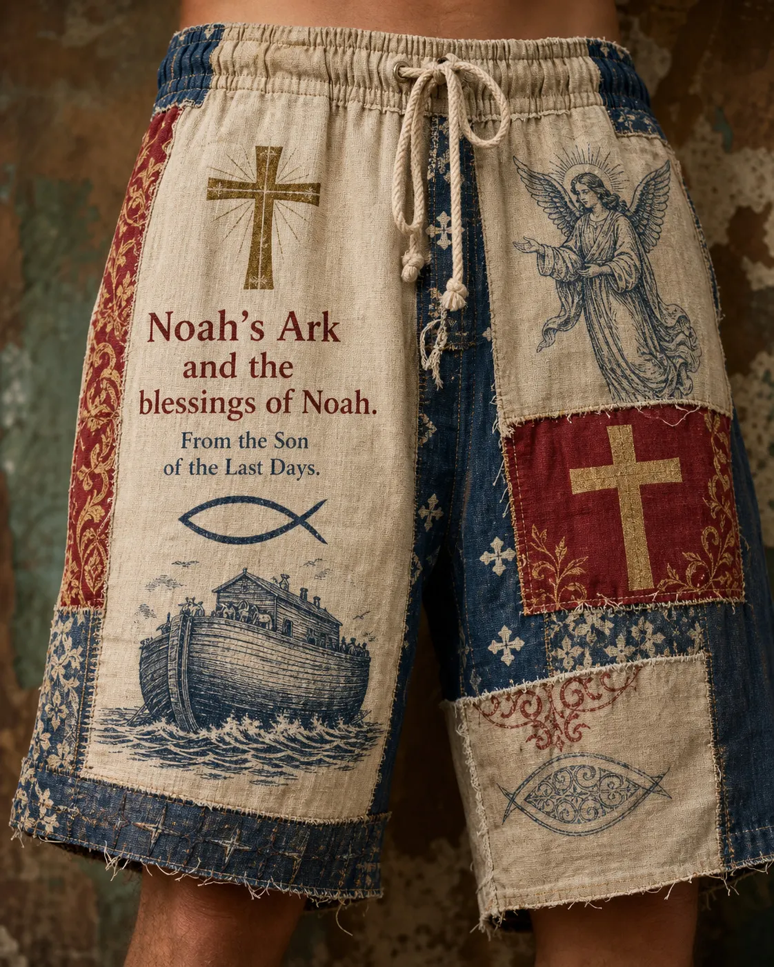 Men's Noah's Ark Blessing Christian Vintage Patchwork Print Casual Shorts