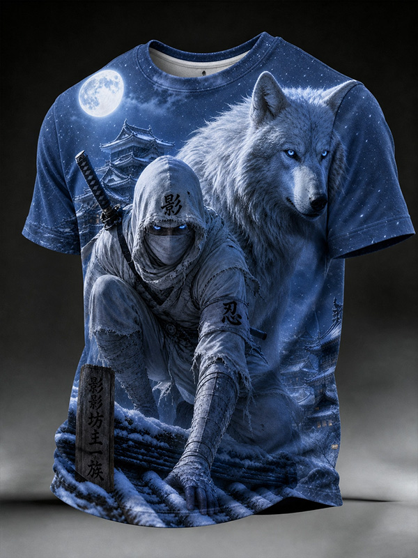 Men's Winter Snow Ninja White Wolf Full Moon Japanese Castle Kanji Art Print T-Shirt