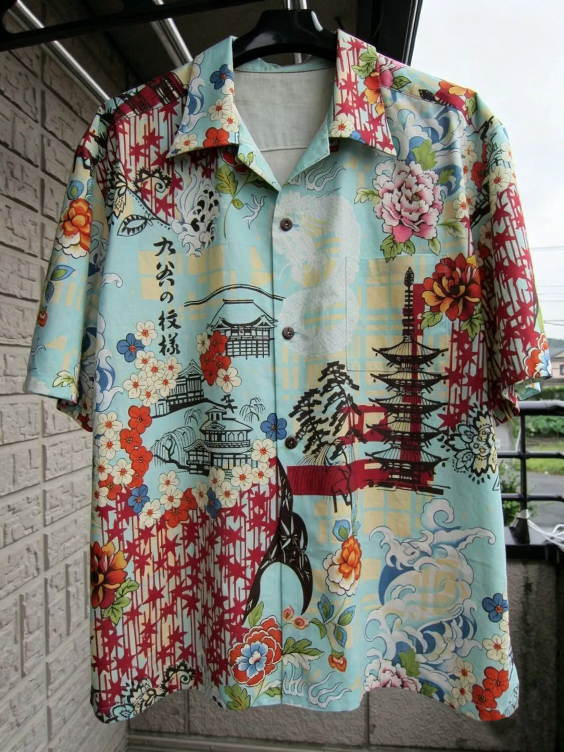 Men's Japanese Ukiyo-E Dragon Temple Floral Print Shirt