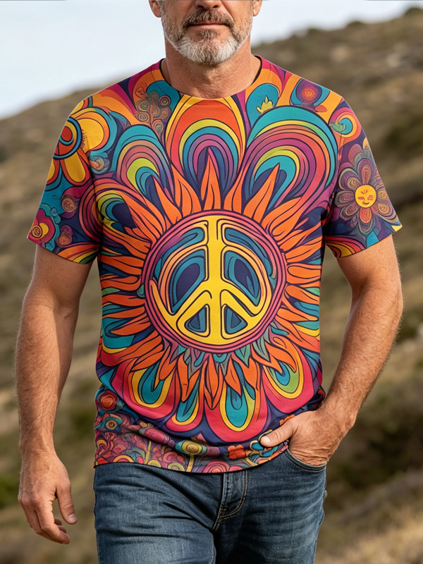 Men's Hippie Art Floral Peace Sign All Over Print Casual T-Shirt