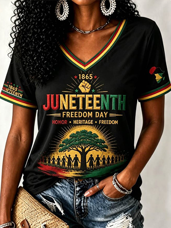 Women's Juneteenth Freedom Day Honor Heritage Freedom Art Print V Neck Short Sleeve T-Shirt
