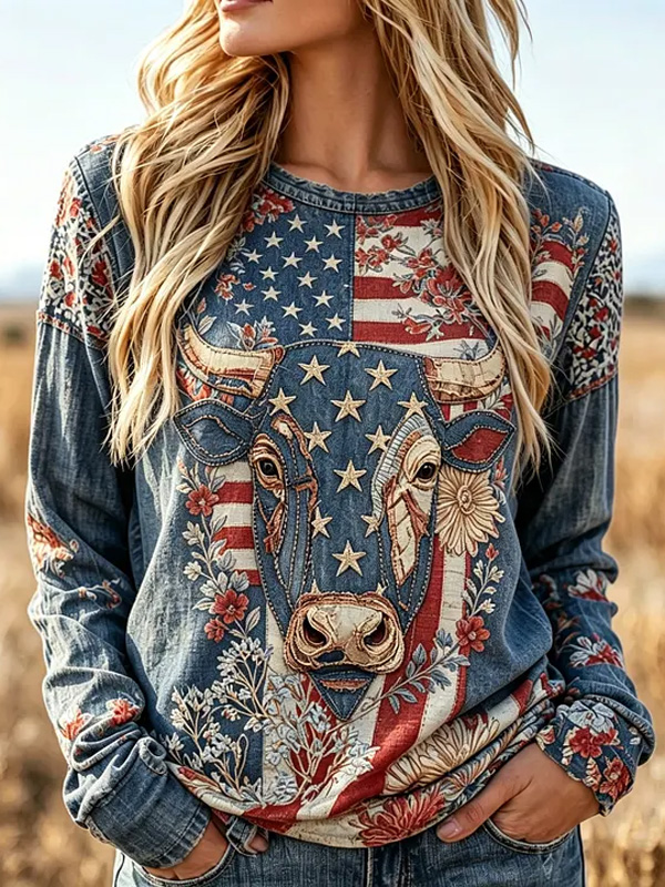 Women's Western-style Cattle Stars and Stripes Print Long Sleeve T-Shirt