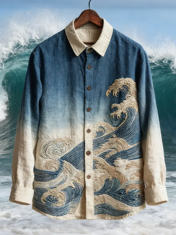 Men's Japanese Great Waves Ukiyo-e Art Print Long Sleeve Shirt