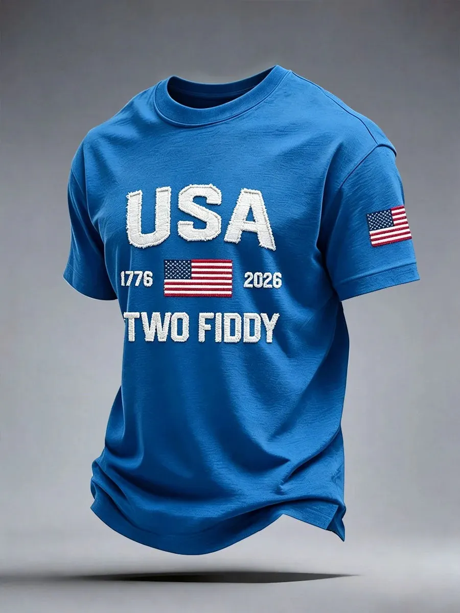 Men's USA 1776 Two Fiddy Frayed Letter Patch American Flag Print Cotton Casual T-Shirt