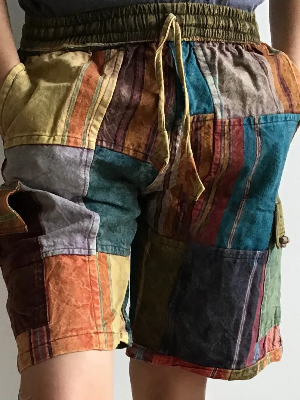 Men's Hippie Colorful Striped Patchwork Print Drawstring Waist Summer Beach Festival Shorts