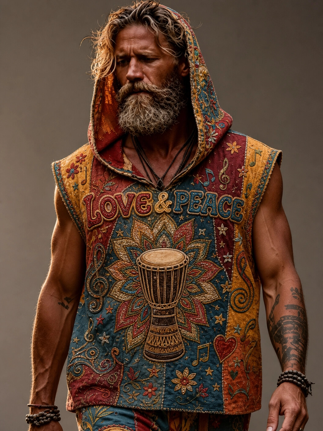 Men's Love and Peace Hippie Art Flowers Drum Print Hooded Tank Top