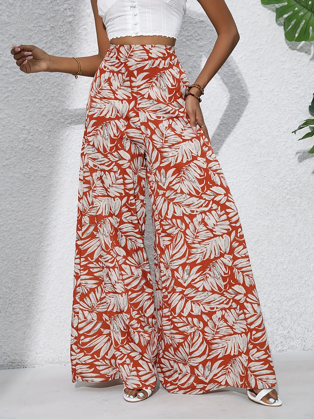 Boho Plants Print Pants, Casual High Waist Elastic Wide Leg Summer Beach Palazzo Pants, Women's Clothing