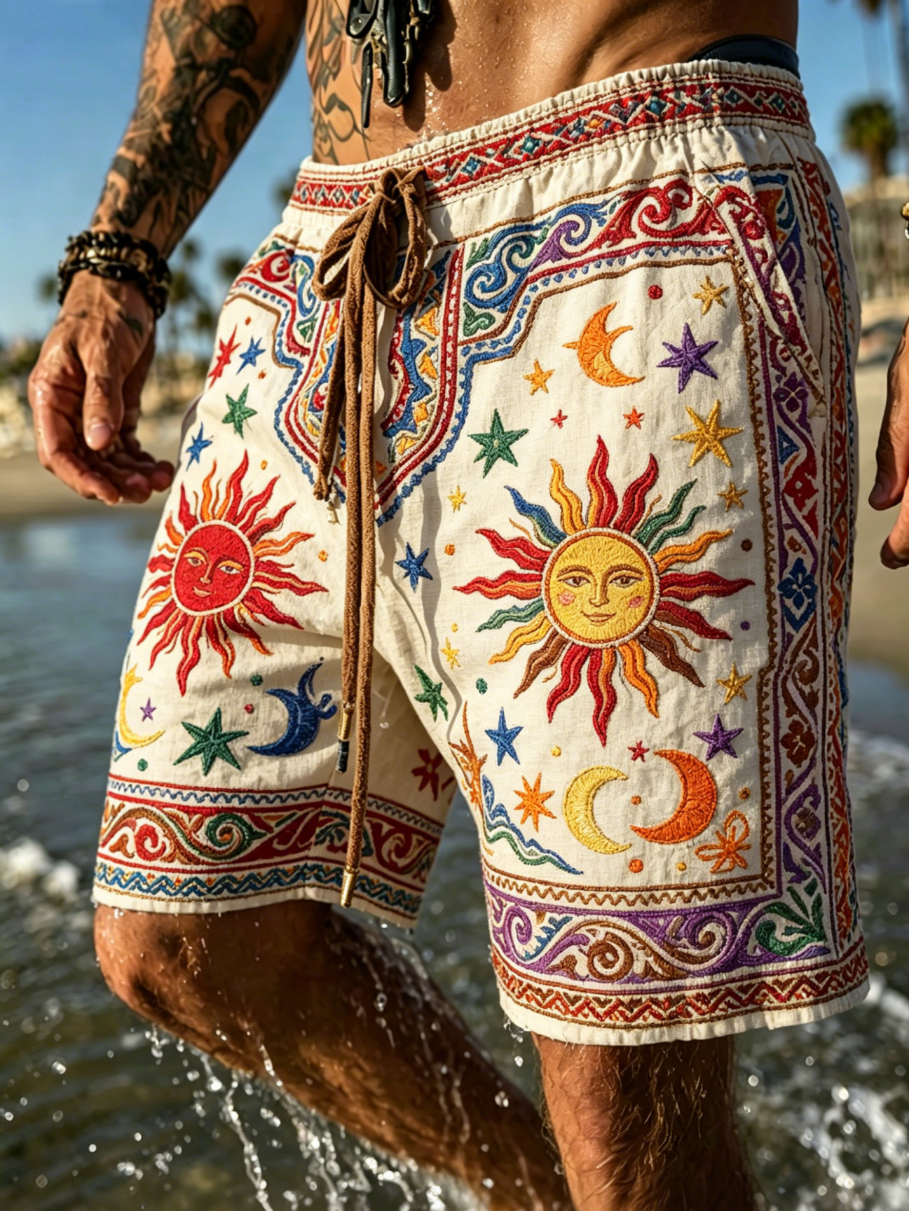 Men's Retro Sun And Moon Geometry Mysterious Art Print Casual Shorts