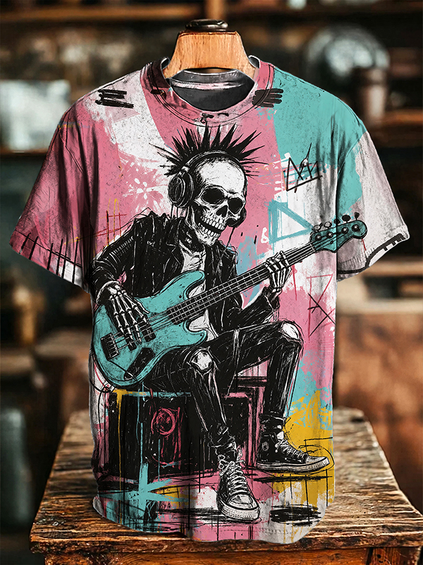 Men's Punk Skeleton Playing Guitar Graffiti Art Print Casual T-Shirt