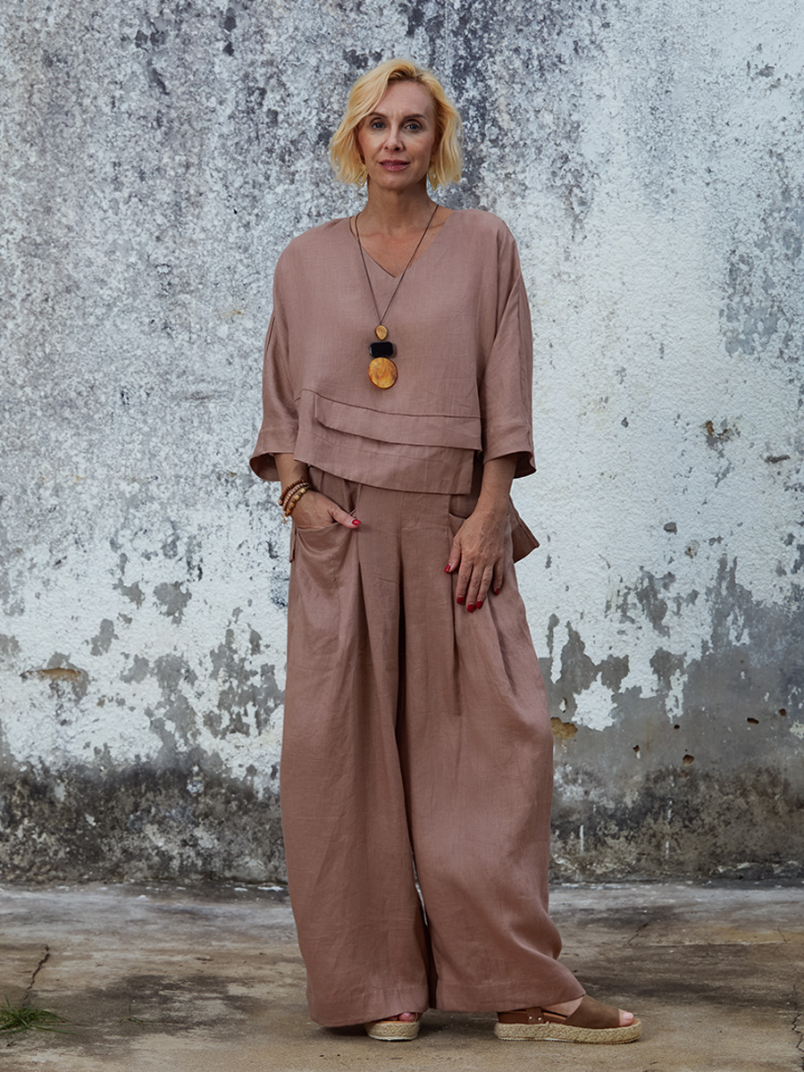Women's Linen Asymmetric Top and Pats Sets