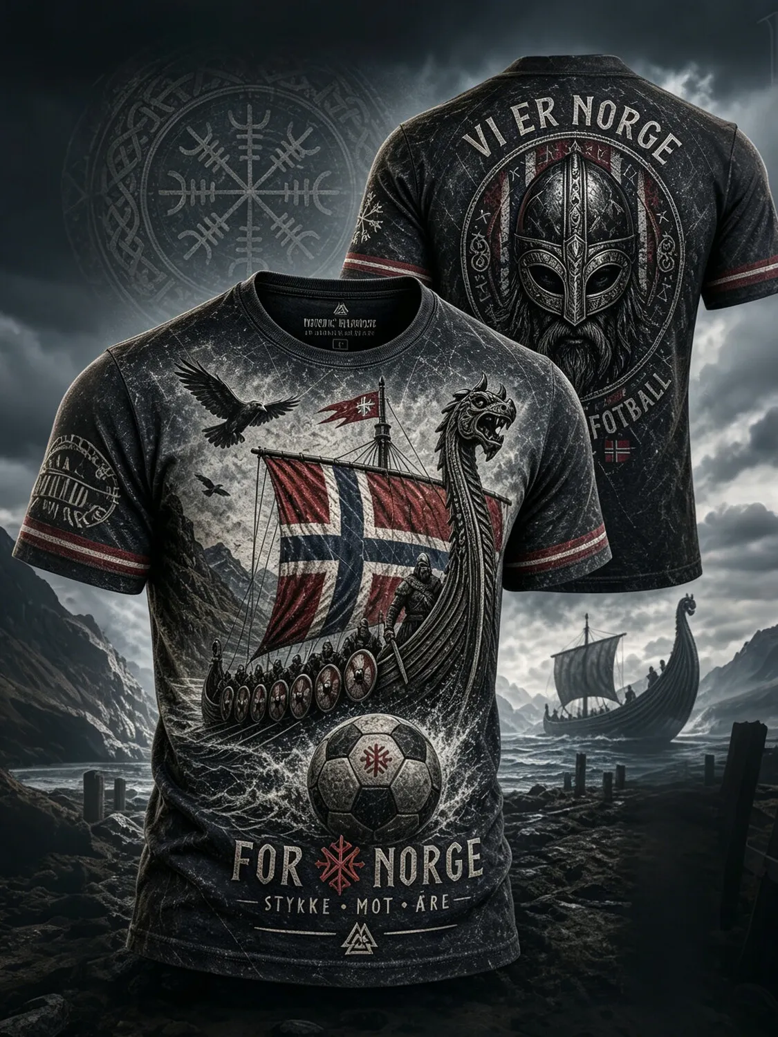 Men's Vintage Norway Viking Ship Helmet Soccer Print T-Shirt