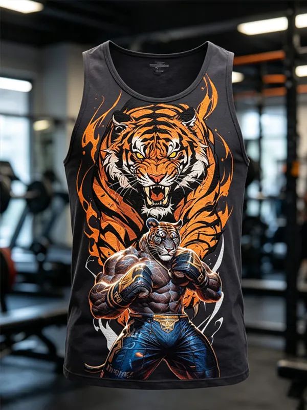 Men's Flame Tiger Boxing Warrior Vintage Gym Art Print Tank Top