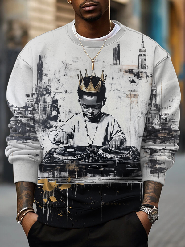 Men's Black King Little Boy DJ Hip Hop Street Art Print Casual Sweatshirt