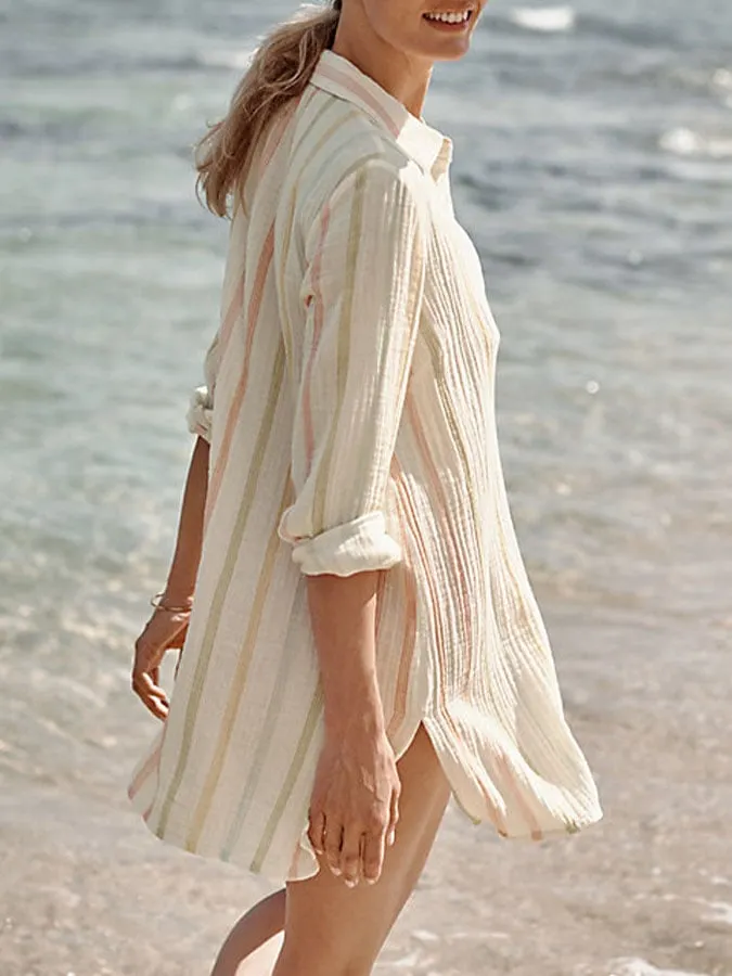 Women's Casual Lapel Striped Print Button Dress