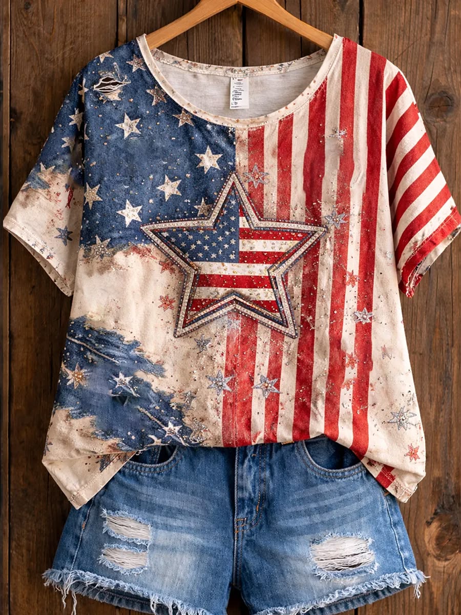 Women's USA Flag Star Rhinestone Patchwork Art Print Casual T-Shirt
