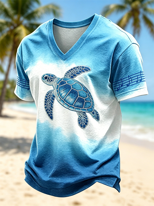 Men's Tie-Dye Sea Turtle Music Note Print T-Shirt