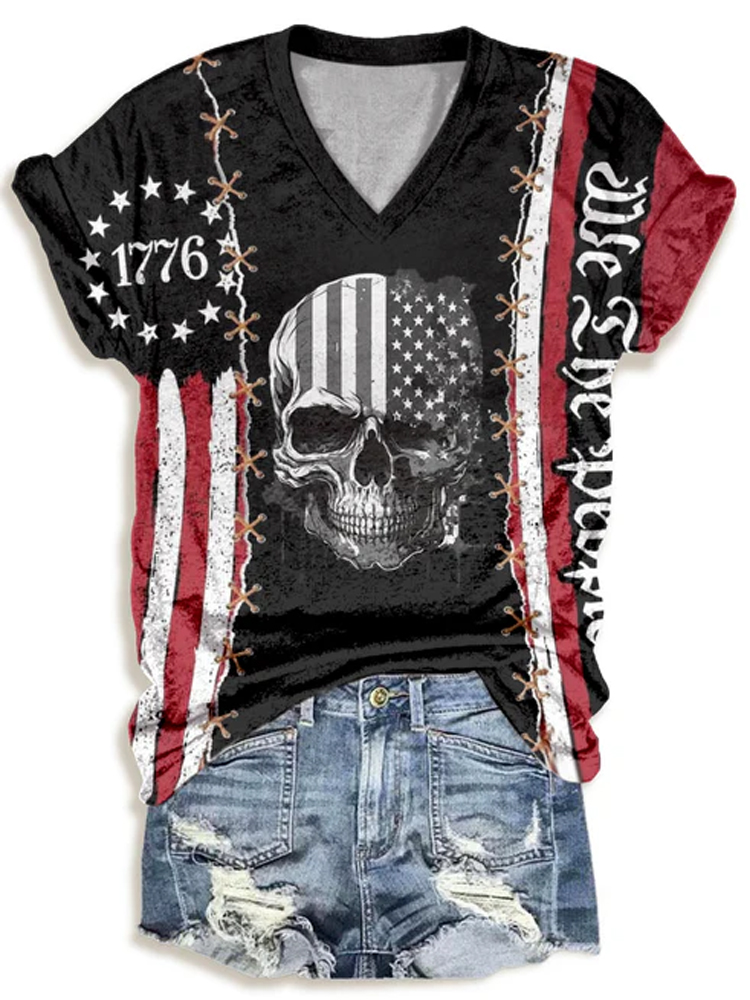 1776 American Flag Skull V-Neck T-Shirt - 4th of July Patriotism