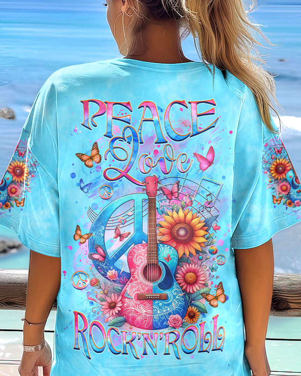 PEACE LOVE ROCK 'N' ROLL GUITAR ALL OVER PRINT - YHHG1904244