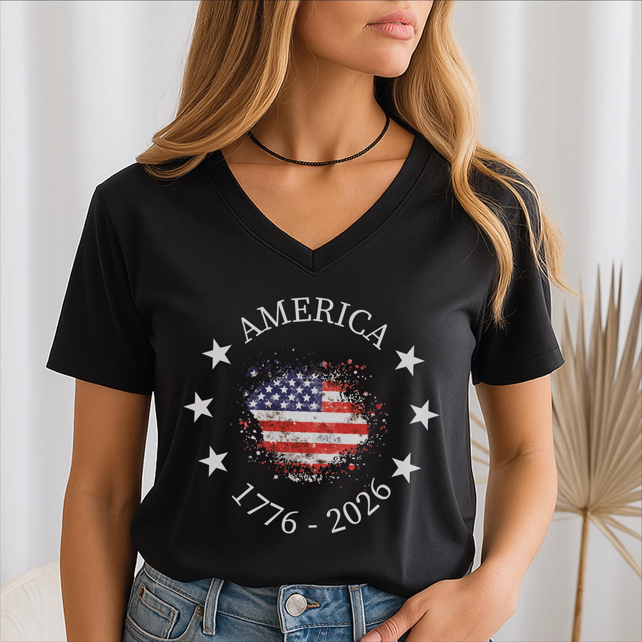 America 250th Anniversary VNeck Shirt, Patriotic USA Flag V-Neck Tee, 4th of July Independence Day Gift