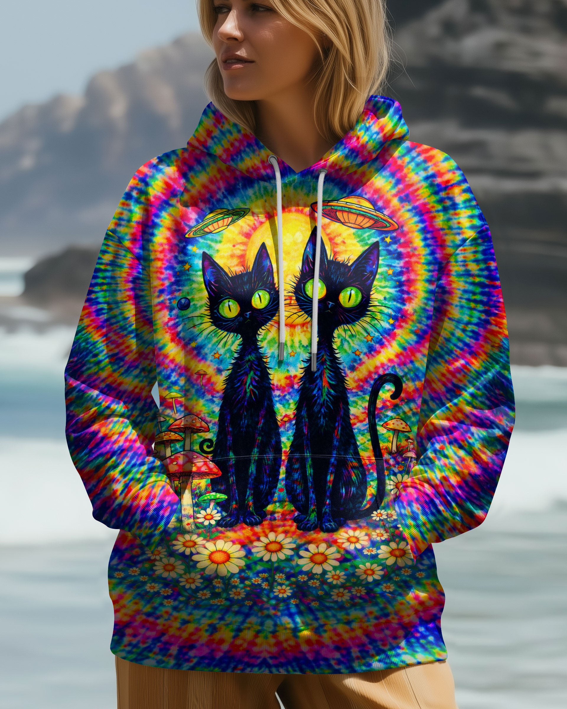 PSYCHEDELIC BLACK CAT COLORFUL SWIRL ALL OVER PRINT - TLTW2801262