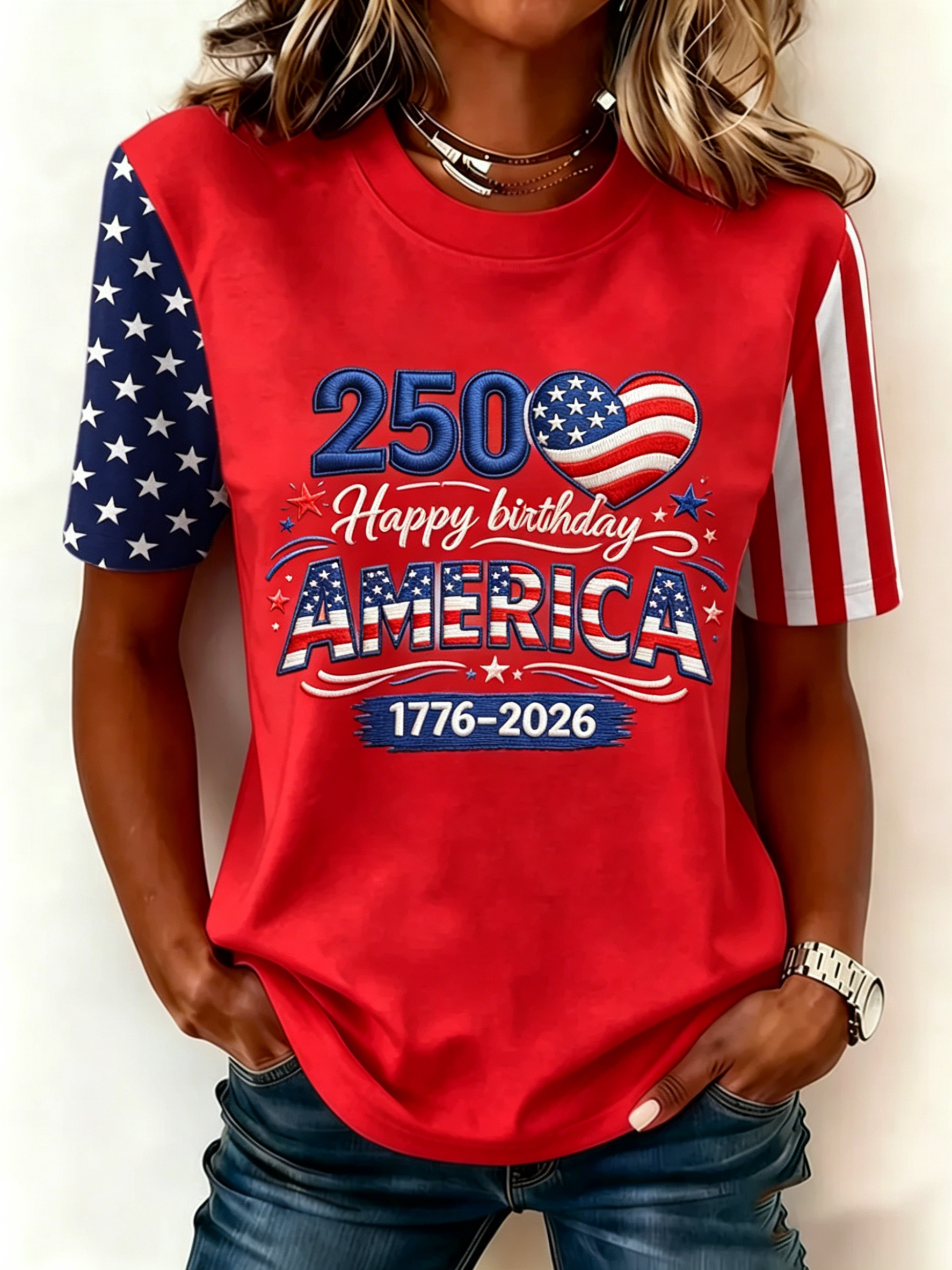 Women’s 250th Independence Day Flag Sleeve T-Shirt, Patriotic “Happy Birthday America” Print Tee