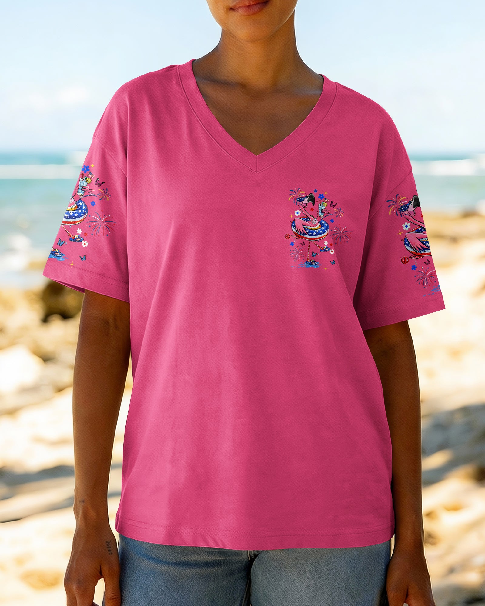 PRETTY IN PINK FLAMINGO RED WHITE & BLUE ALL OVER PRINT  - TLHN2503263