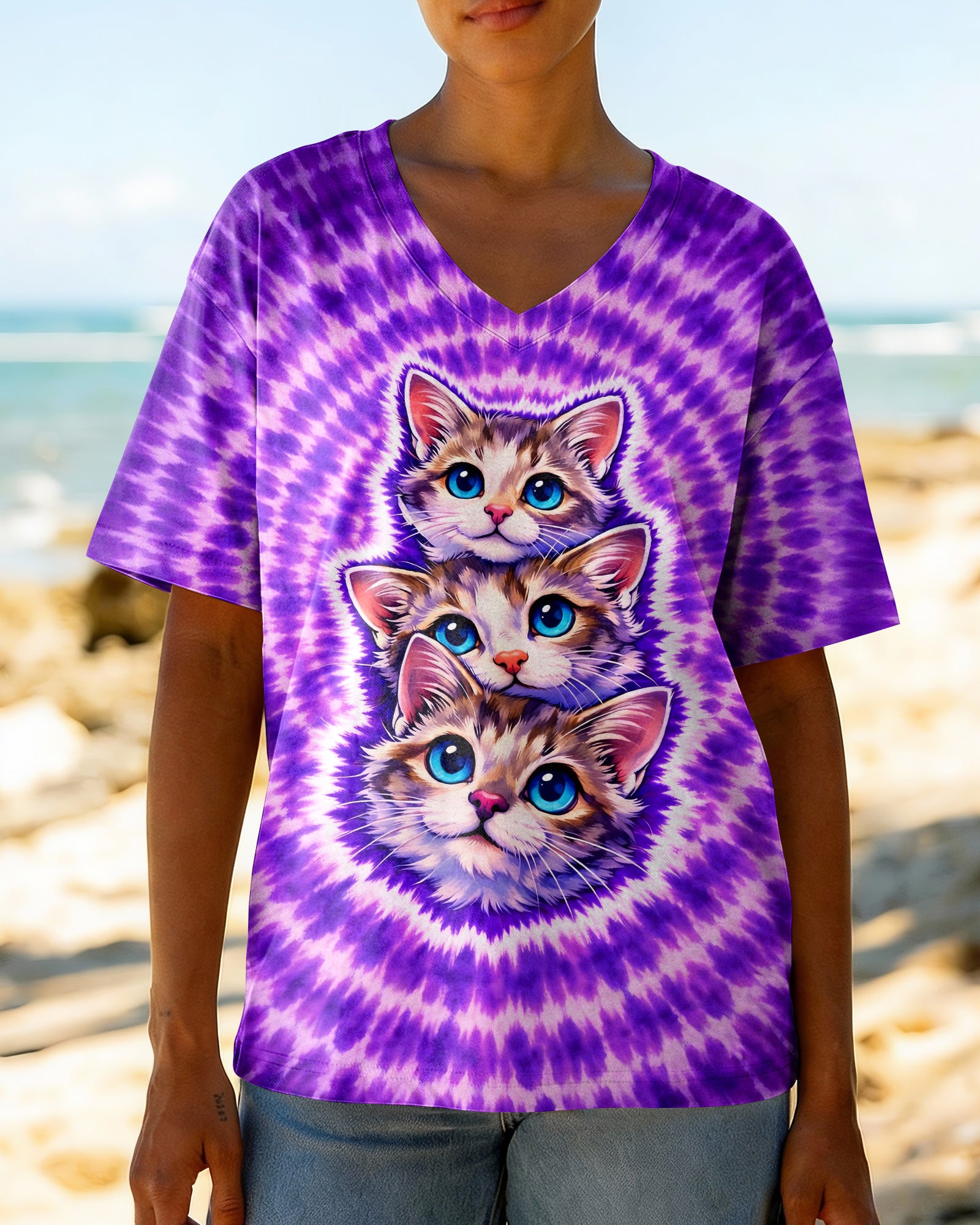 THREE CAT FACE PURPLE SWIRL ALL OVER PRINT - TLHG1703263