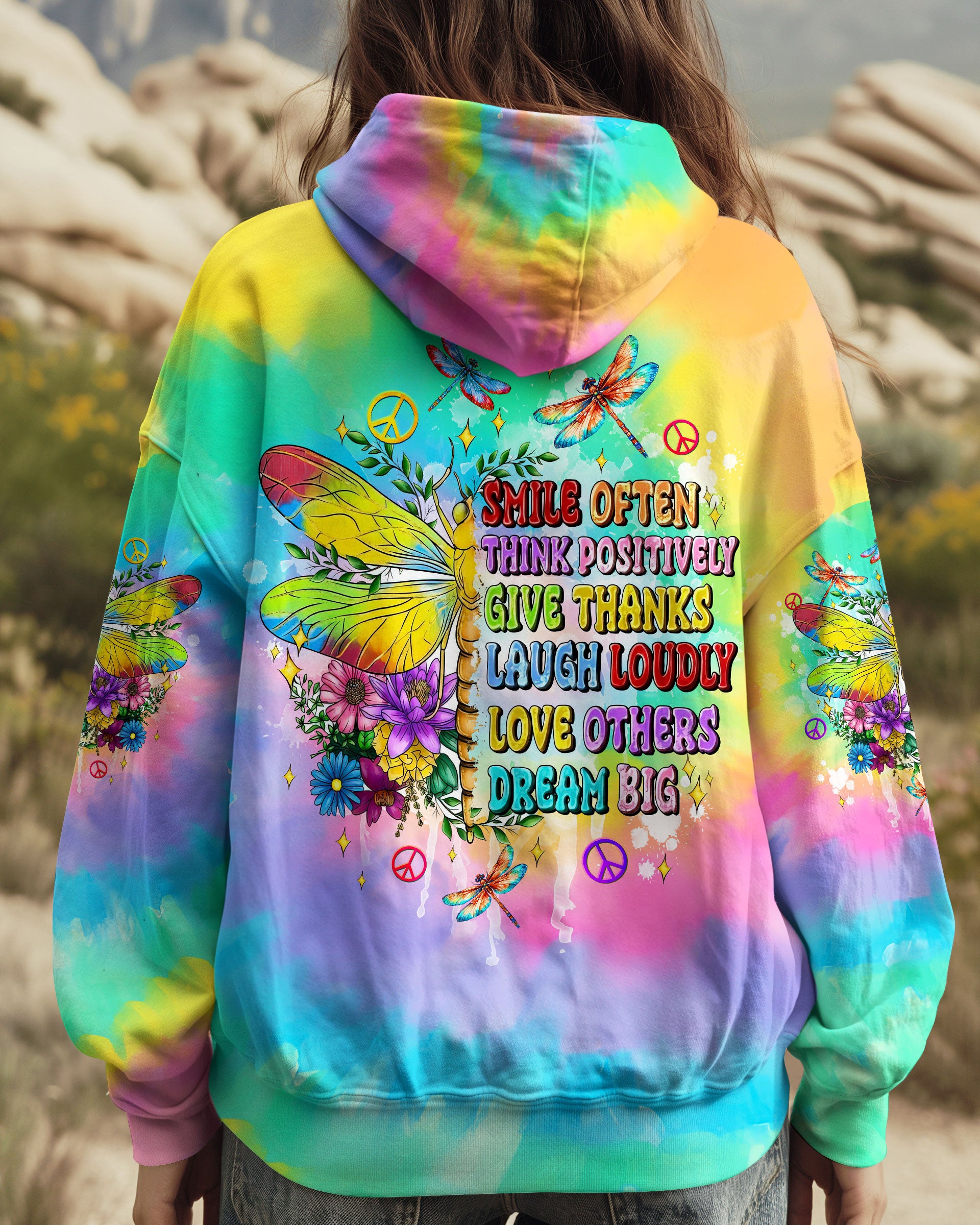 SMILE OFTEN THINK POSITIVELY DRAGONFLY TIE DYE ALL OVER PRINT - TLTW2012244