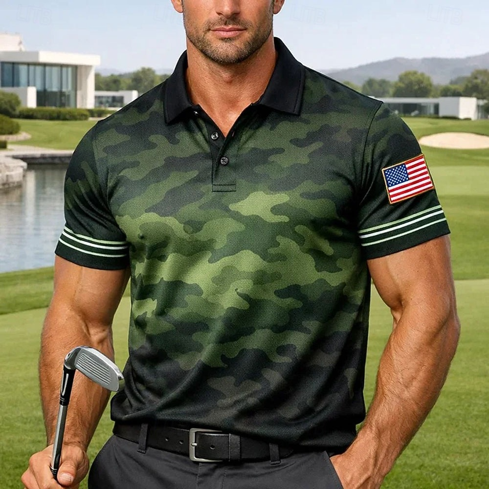 4th of July 2026 250th Men's Camouflage Golf Sports Polo Shirts Short Sleeve Polo Shirts Collared Shirts Casual Athleisure Buttons Summer Spring Blue Green Army Green