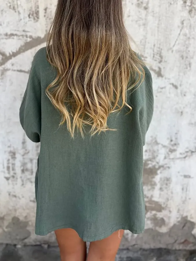 Women's V-Neck Long Sleeve Loose Button Design Casual Shirt
