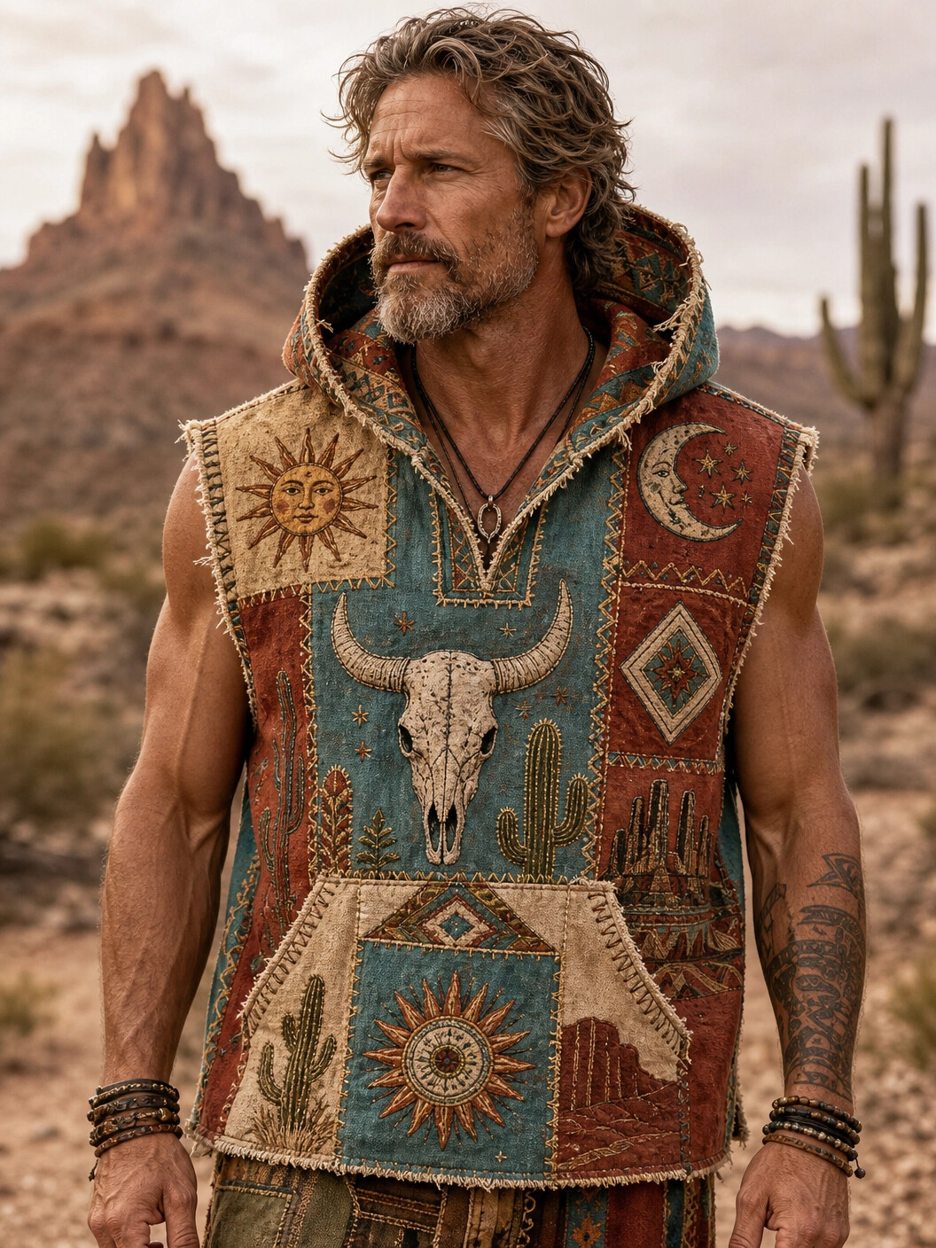 Men's Western Cow Skull Cactus Sun Moon Patchwork Print Hooded Tank Top