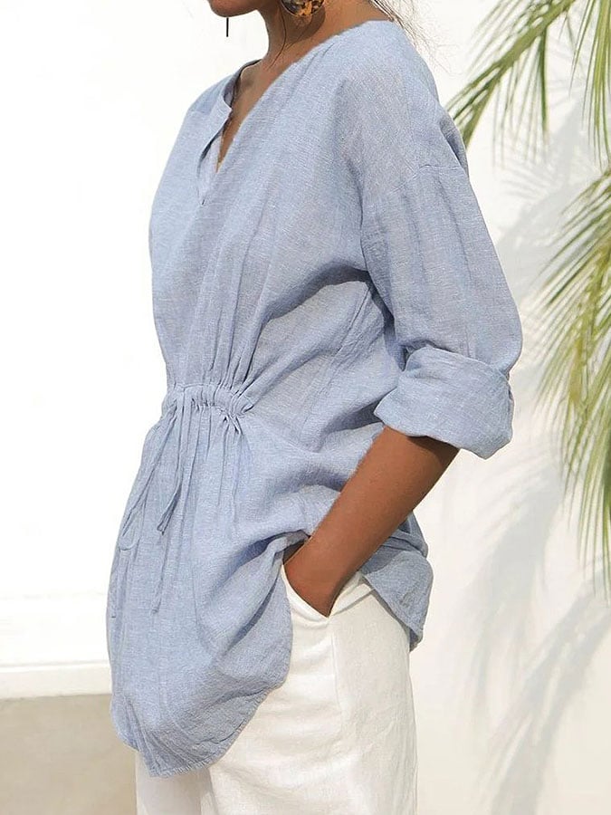 Women's solid color cotton and linen lace-up shirt