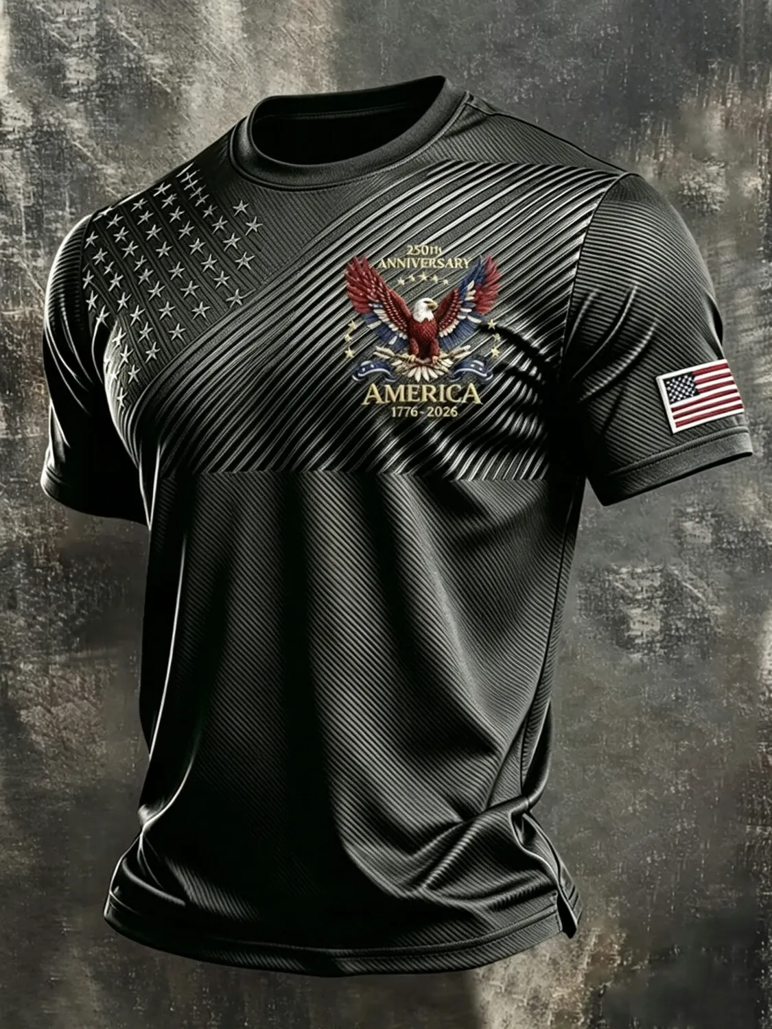 Men's USA Bald Eagle 250th Anniversary Embossed Star Flag Print T-Shirt