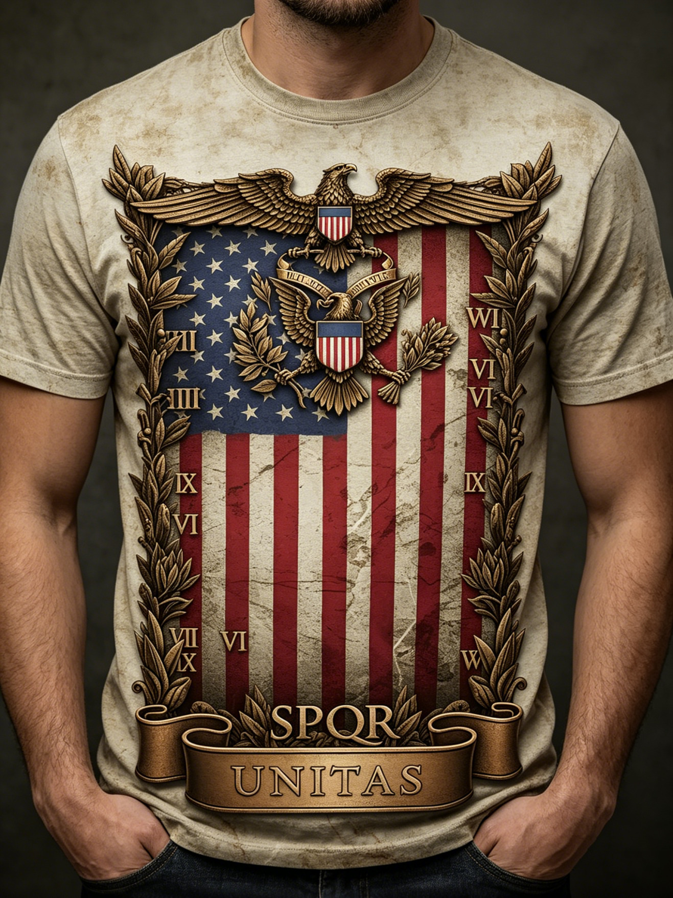 Men's SPQR Unitas American Eagle Vintage Print T-Shirt