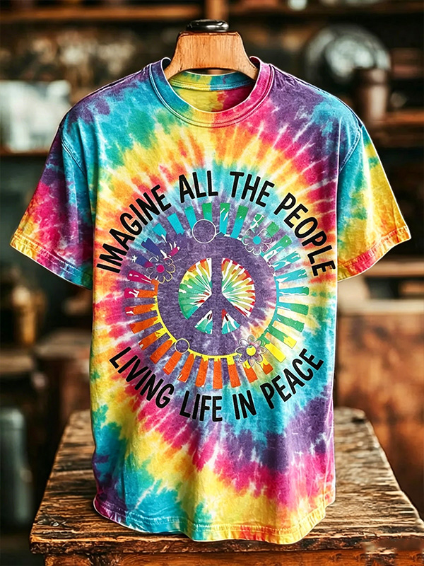 Men's Imagine All The People Living Life In Peace Tie-Dye Peace Sign Print T-Shirt