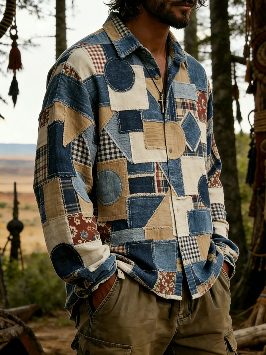 Men's Denim Patchwork Colorblock Print Long Sleeve Shirt