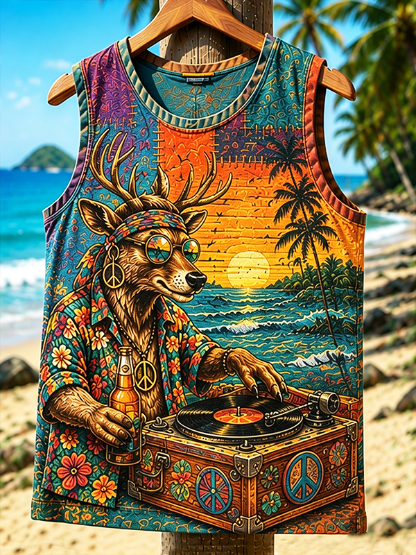 Men's Deer Playing With A Record Player Art Print Vacation Tank Top
