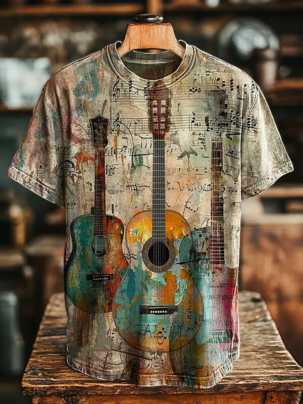 Men's Retro Acoustic Guitar And Sheet Music Print T-Shirt