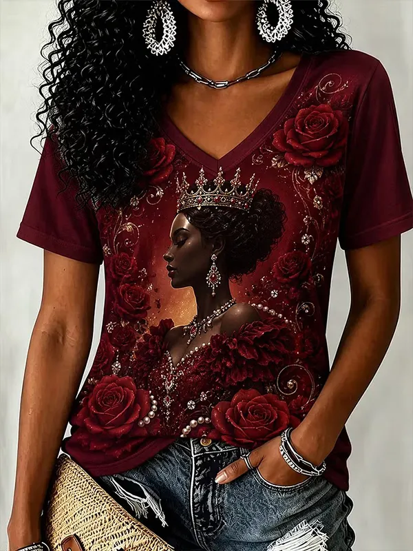 Women's Red Rose Queen Royal Baroque Print Casual V Neck T-Shirt