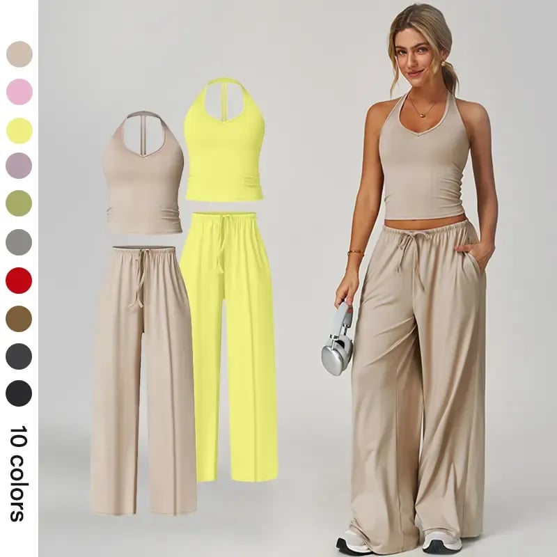 💖Hot 50% OFF✨ Women’s 2-Piece Silk-Like Lounge Set – V-Neck Strappy Top & Wide Leg Pants