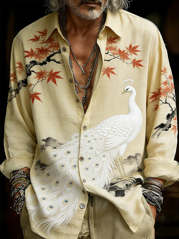 Men's Retro Maple Peacock Print Long Sleeve Shirt