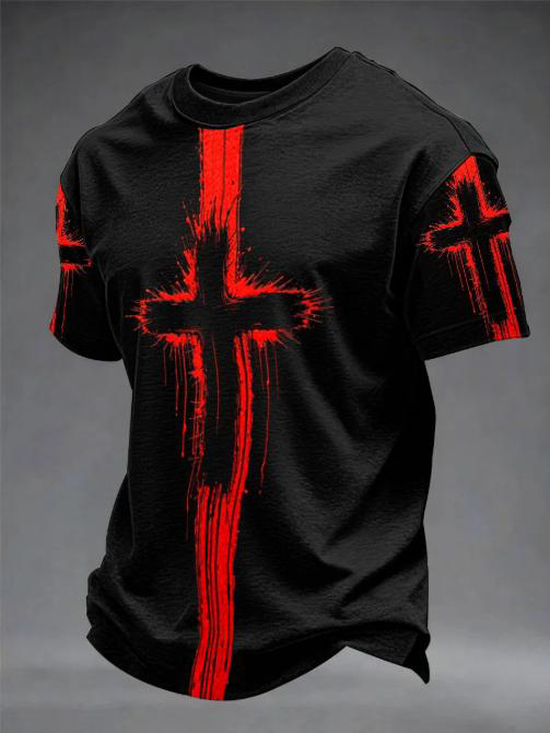 Men's Graffiti Cross Print Cotton Casual T-Shirt