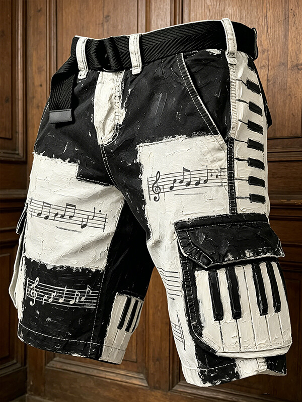 Men's Contrast Color Piano Keys Music Notes Print Denim-Like Cargo Shorts
