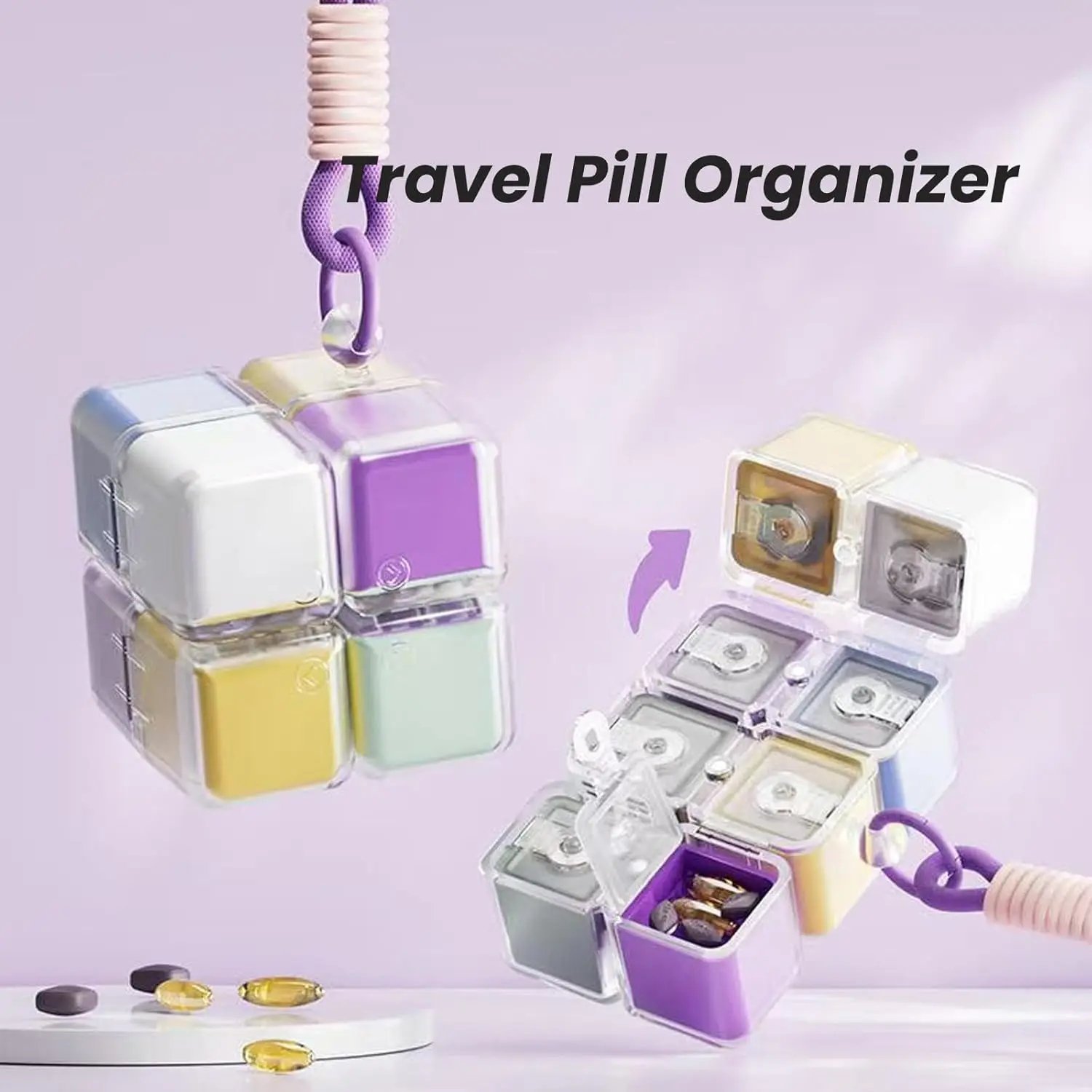 Magnetic Cube Pill Organiser – 8-Grid Travel Case with Lanyard & Washable Compartments