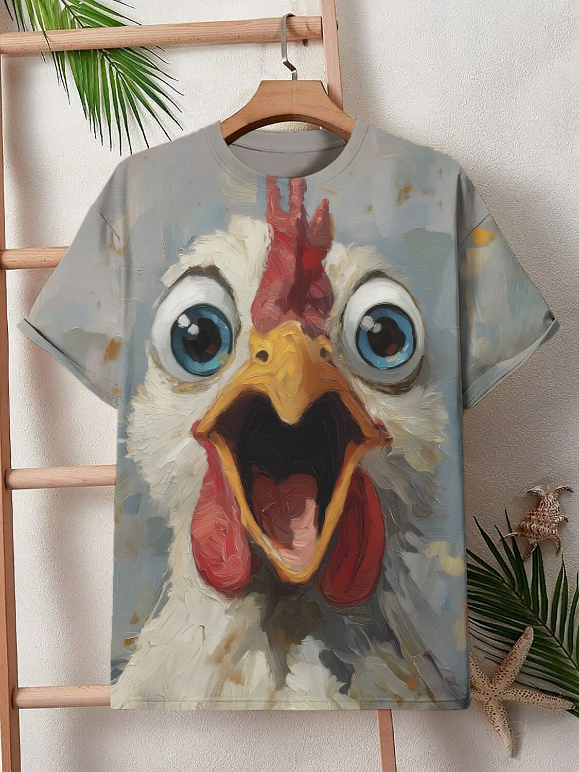 Men's Funny Surprised Rooster Face Oil Painting Print T-Shirt