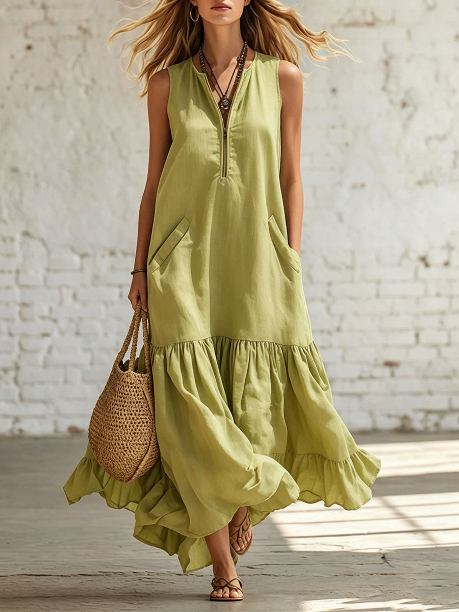 Women's Solid-color Ruffled Sleeveless Dress