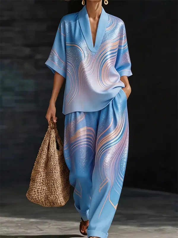 Women's Sparkly Geometric Art Print Deep V Neck Half Sleeve T-Shirt Pants Matching Set