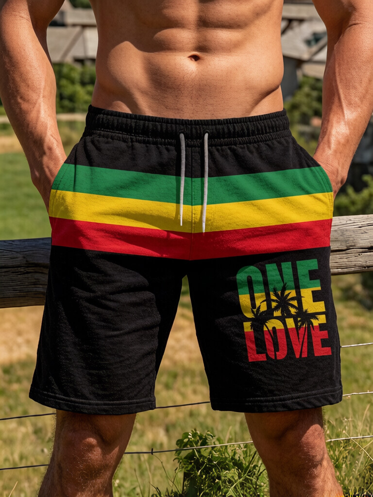 Men's One Love Stripe Art Print Casual Shorts