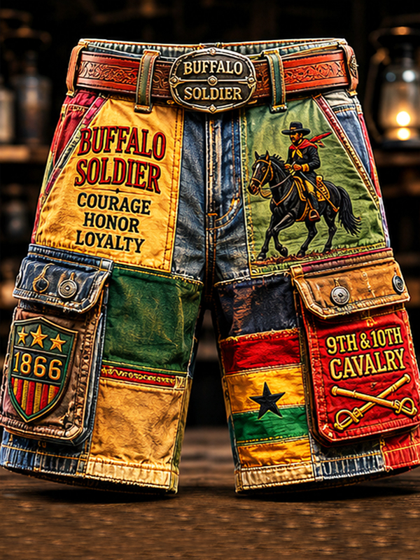 Men's Buffalo Soldier Western Geometric Splicing Print Cargo Shorts