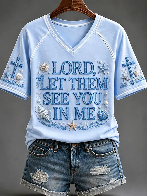 Women's Lord Let Them See You In Me Print Casual V Neck T-Shirt
